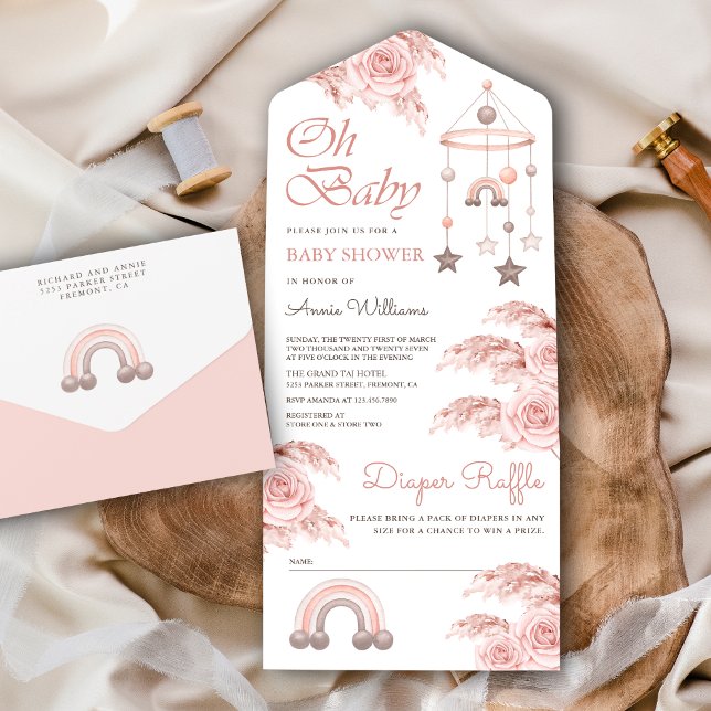 Dusty Pink Rose Pampas Boho Rainbow Baby Shower All In One Invitation (Creator Uploaded)
