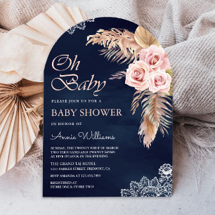Dusty Pink Rose Pampas Grass Navy Arch Baby Shower Invitation