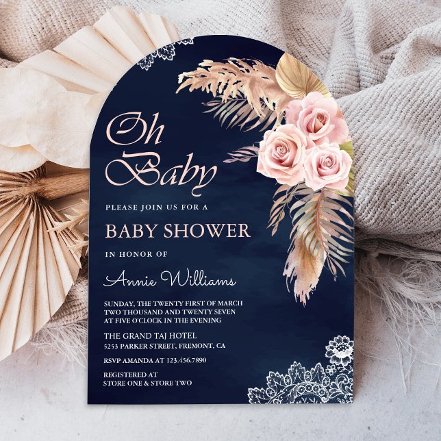 Dusty Pink Rose Pampas Grass Navy Arch Baby Shower Invitation (Creator Uploaded)