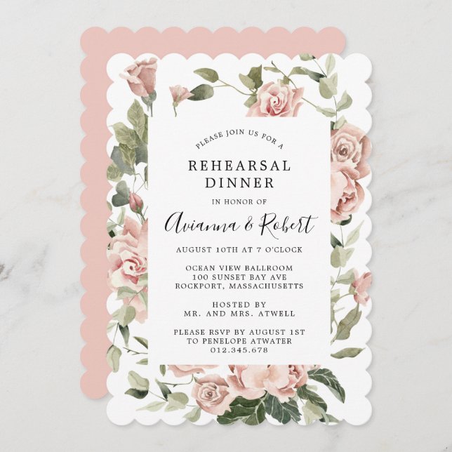 Dusty Pink Rose Rustic Floral Rehearsal Dinner Inv Invitation (Front/Back)