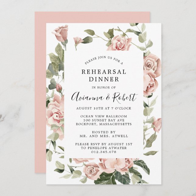 Dusty Pink Rose Rustic Floral Rehearsal Dinner Invitation (Front/Back)