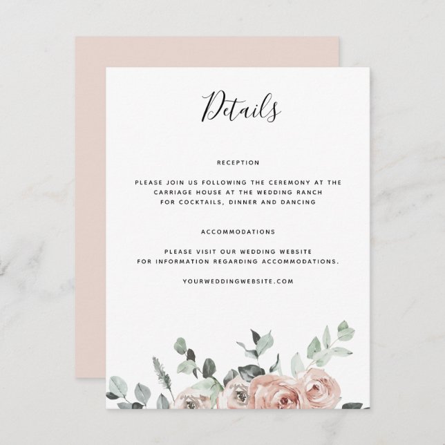 Dusty Pink Rose Wedding Details Enclosure Card (Front/Back)