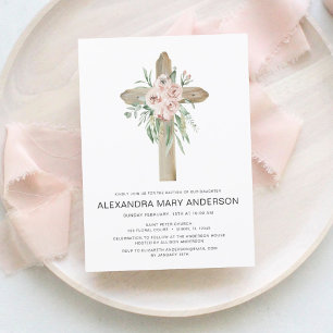 Dusty Pink Roses Cross Floral Baptism Invitation