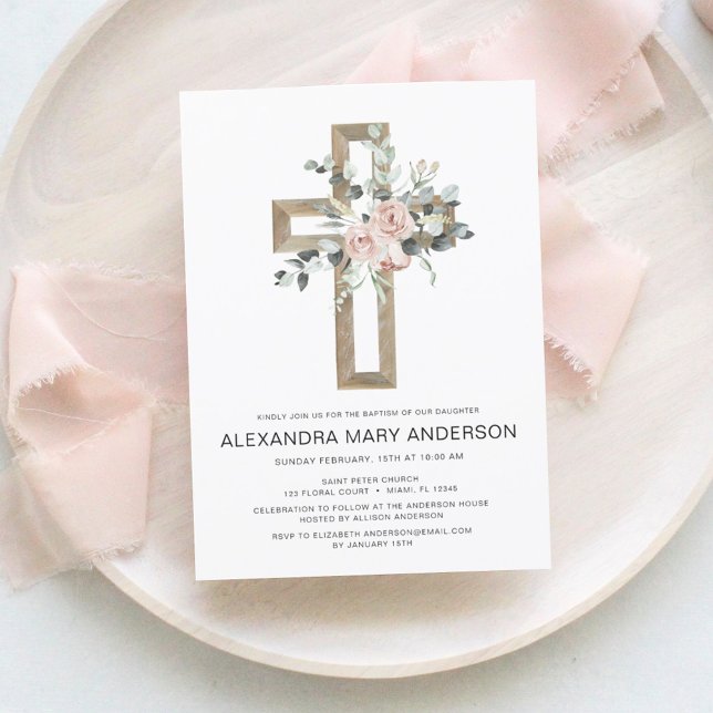 Dusty Pink Roses Cross Floral Baptism Invitation (Creator Uploaded)