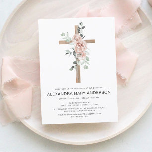 Dusty Pink Roses Cross Floral Baptism Invitation