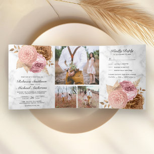 Dusty Pink Roses Earthy Floral Marble Wedding Tri-Fold Invitation