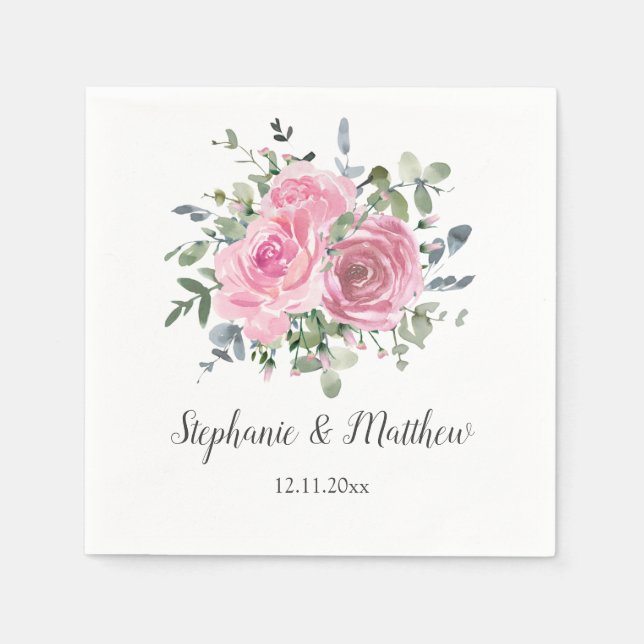 Dusty Pink Roses Eucalyptus Botanical Wedding Napkin (Front)