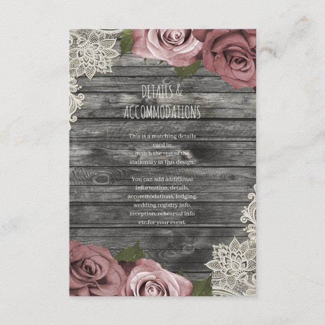 Dusty Pink Roses Grey Rustic Wedding Details Enclosure Card (Front)