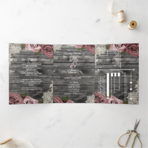 Dusty Pink Roses & Lace Rustic Grey Wood Wedding   Tri-Fold Invitation
