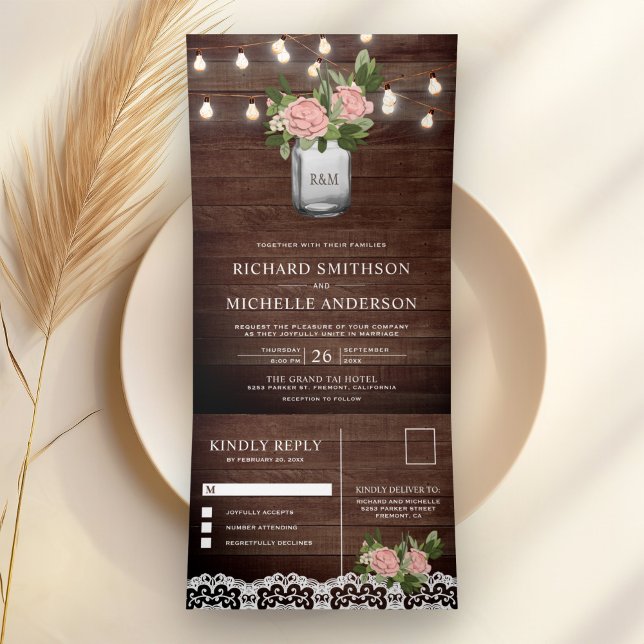 Dusty Pink Roses Mason Jar String Lights Wedding Tri-Fold Invitation (Creator Uploaded)