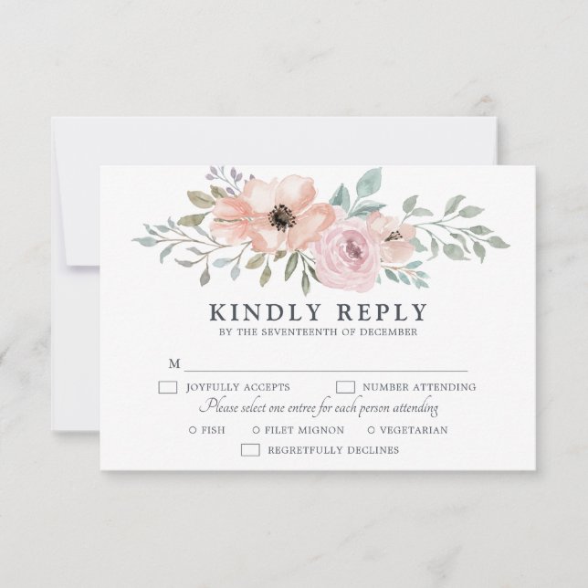 Dusty Pink Roses Midsummer Floral Bloom RSVP Card (Front)
