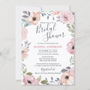 Dusty Pink Roses Midsummer Floral Bridal Shower Invitation