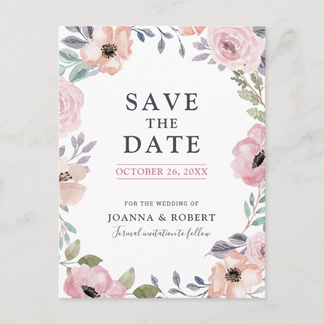 Dusty Pink Roses Midsummer Floral Save the Date Announcement Postcard (Front)
