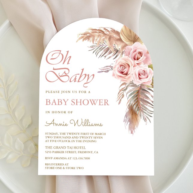 Dusty Pink Roses Pampas Grass Arch Baby Shower Invitation (Creator Uploaded)