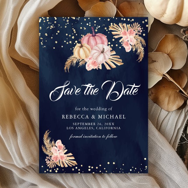 Dusty Pink Roses Pumpkin Pampas Navy Wedding Save The Date (Creator Uploaded)