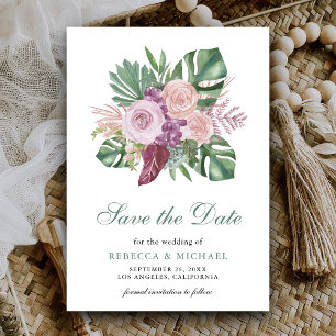 Dusty Pink Roses Tropical Monstera Wedding Save The Date