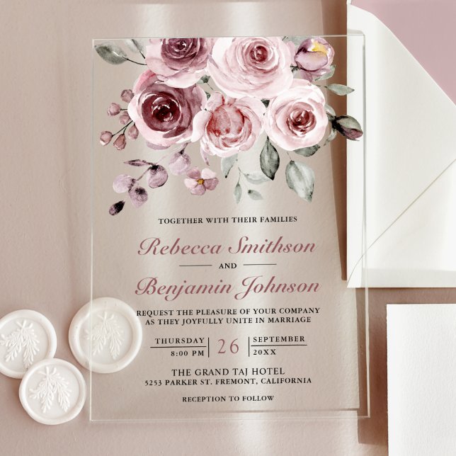 Dusty Pink Roses Wedding Acrylic Invitations (Creator Uploaded)