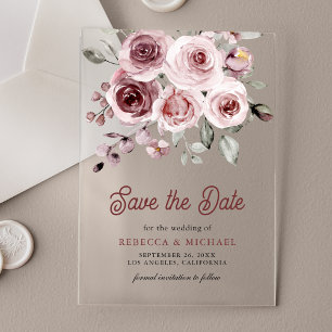Dusty Pink Roses Wedding Save the Date Acrylic Invitations