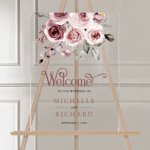 Dusty Pink Roses Wedding Welcome Acrylic Sign