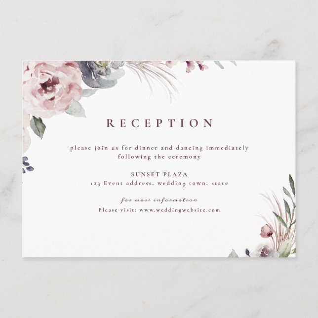 Dusty pink rustic boho floral reception enclosure card (Front)