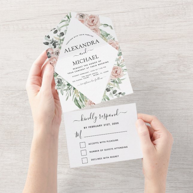 Dusty Pink - Sage Green Floral Wedding Invitation (Tearaway)
