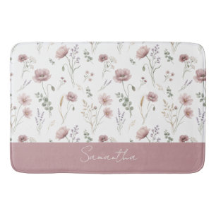 Dusty Pink Sage Green Watercolor Wildflower  Bath Mat