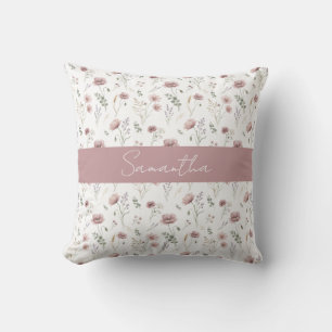 Dusty Pink Sage Green Watercolor Wildflower  Cushion