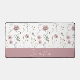 Dusty Pink Sage Green Watercolor Wildflower Desk Mat
