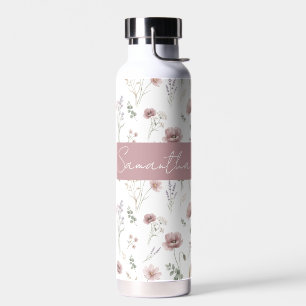 Dusty Pink Sage Green Watercolor Wildflower Water Bottle