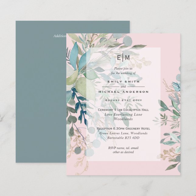 Dusty Pink Sage Wedding Ceremony and Reception Inv (Front/Back)