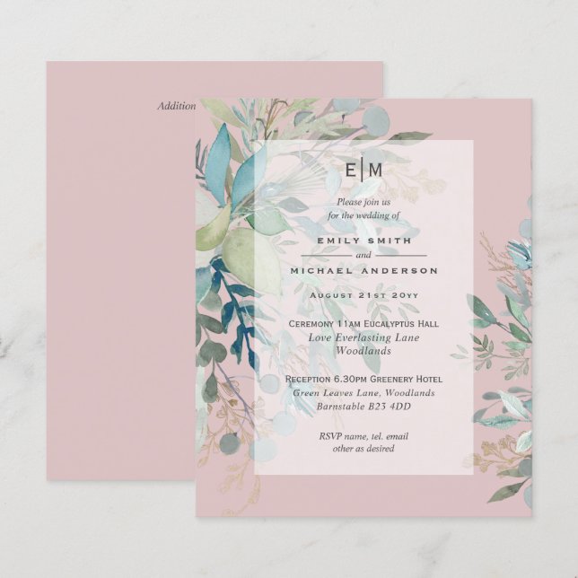 Dusty Pink Sage Wedding Ceremony and Reception Inv (Front/Back)