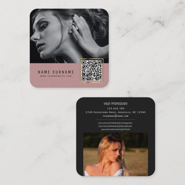 Dusty pink scannable barcode QR code photo Square Business Card (Front/Back)