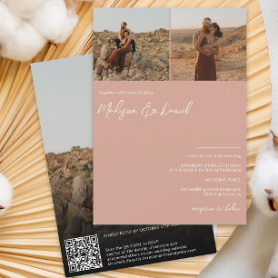 Dusty pink script names 3 photos qr code wedding invitation