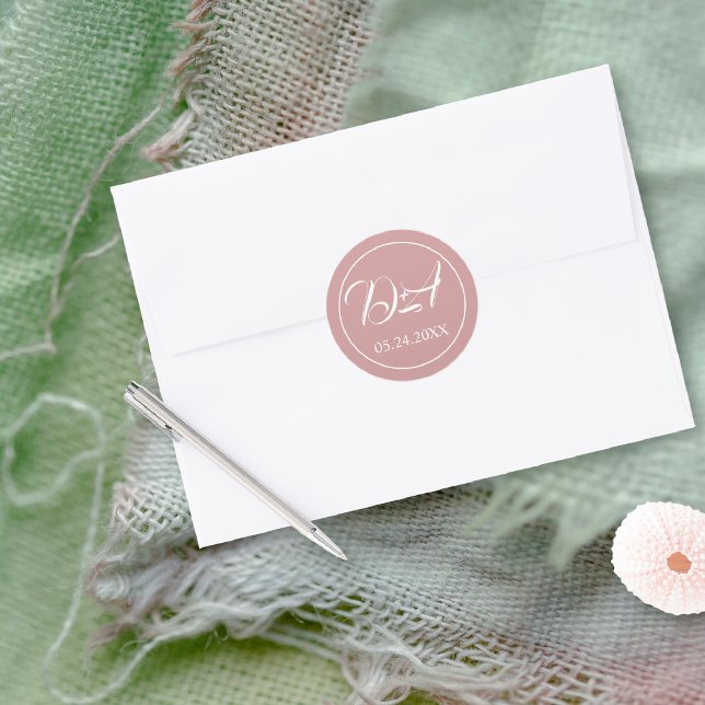 Dusty pink script typography initials wedding classic round sticker (Creator Uploaded)