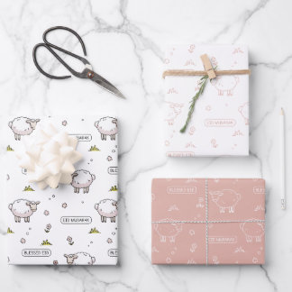 Dusty Pink Sheep Eid Mubarak Kids Wrapping Paper Sheet