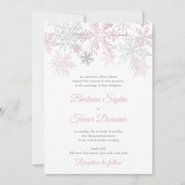 Dusty Pink & Silver Snowflakes Winter Wedding Invitation (Front)