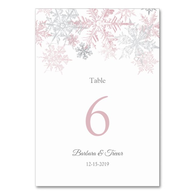 Dusty Pink & Silver Snowflakes Winter Wedding Table Number (Front)