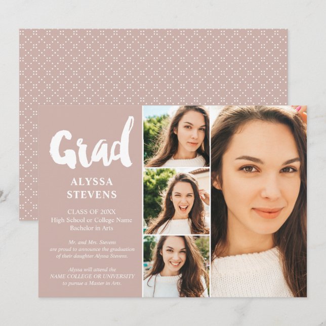 Dusty pink simple Grad script 4 photos graduation Invitation (Front/Back)