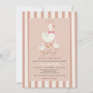 Dusty Pink Striped Cute Little Gosling Baby Shower Invitation