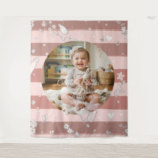 Dusty Pink Stripes Baby Girl Shower Backdrop Tapestry