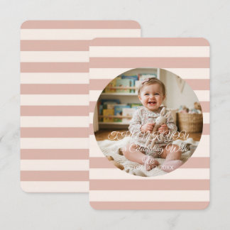 Dusty Pink Stripes Circle Frame Baby Girl Photo Thank You Card