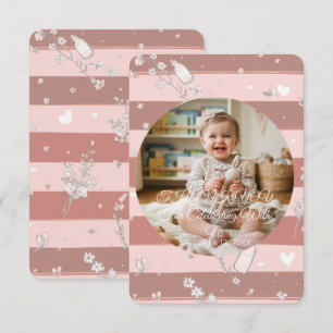 Dusty Pink Stripes Circle Frame Baby Girl Photo  Thank You Card