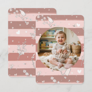 Dusty Pink Stripes Circle Frame Baby Girl Photo Thank You Card