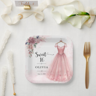 Dusty Pink Sweet 16 Floral Dress Paper Plate