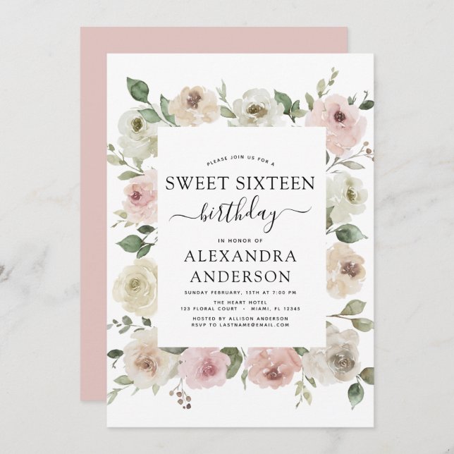Dusty Pink Sweet Sixteen Birthday Party Invitation (Front/Back)