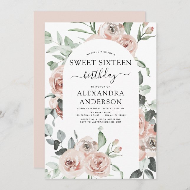 Dusty Pink Sweet Sixteen Birthday Party Invitation (Front/Back)