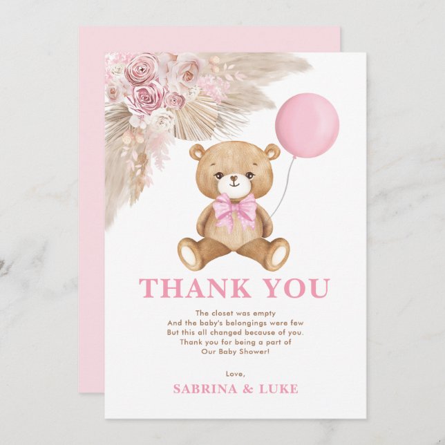 Dusty Pink Teddy Bear Balloon Girl Baby Shower Thank You Card (Front/Back)