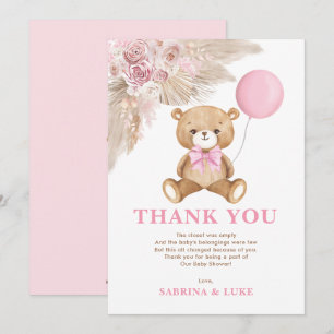 Dusty Pink Teddy Bear Balloon Girl Baby Shower Thank You Card