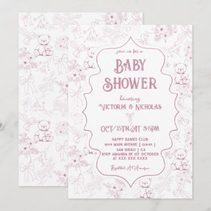 Dusty Pink Toile Bow Bear Baby Girl Shower Invitation