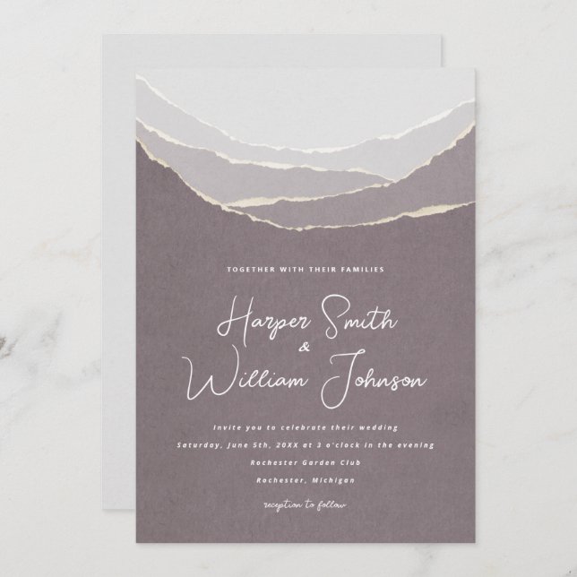 dusty pink torn paper mountains wedding invitation (Front/Back)